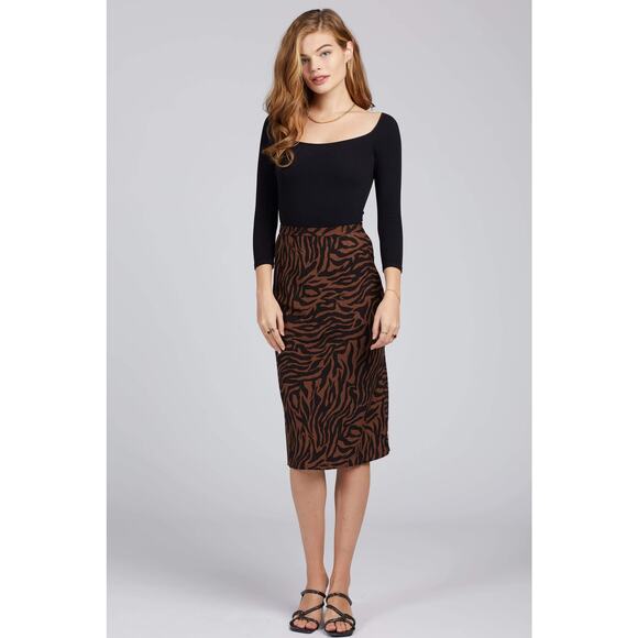 BRIXTON Helena Midi Skirt High Waist Black Brown Zebra Animal Print‎ Medium M - Picture 1 of 6